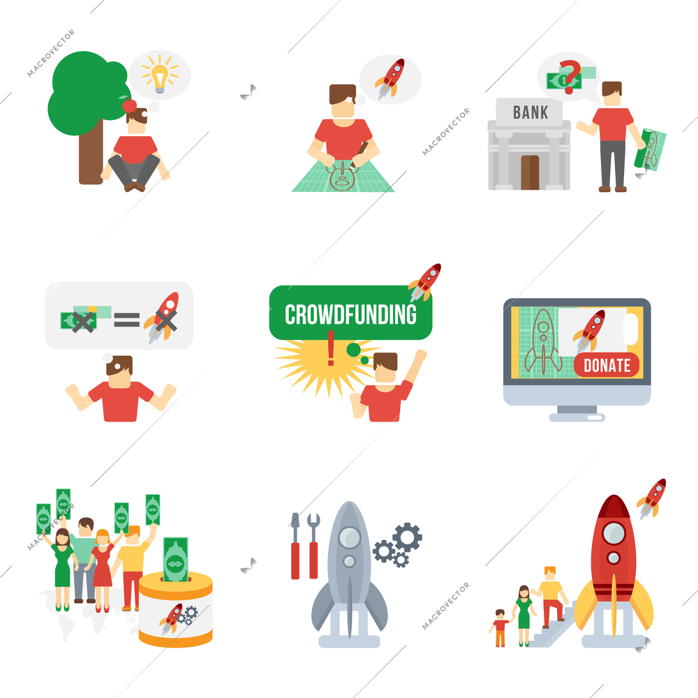 Crowdfunding startup project money investment flat icons set isolated vector illustration