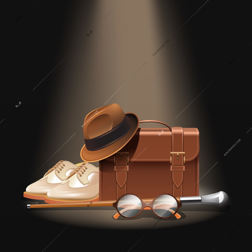 Gentleman accessories set with realistic briefcase shoes bowler hat stick and glasses vector illustration