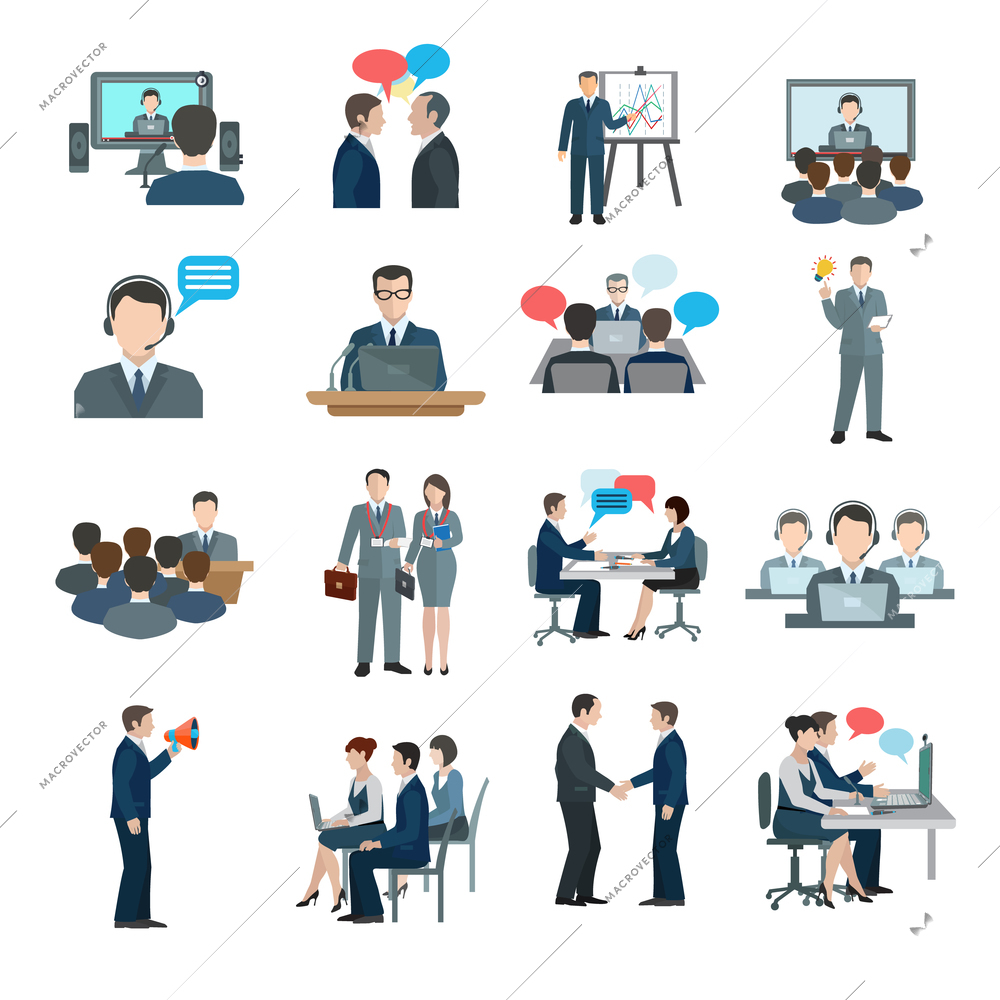 Conference icons flat set with business people workgroup communication isolated vector illustration