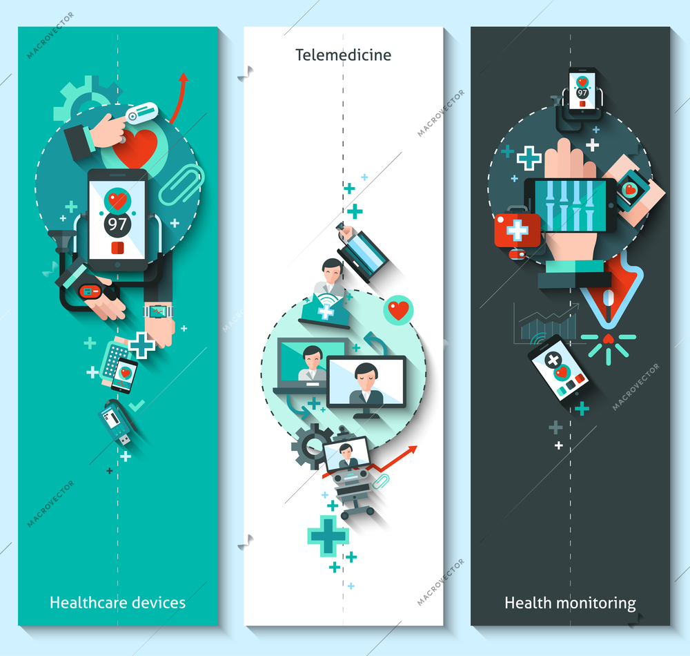 Digital medicine banners vertical set with healthcare devices telemedicine health monitoring elements isolated vector illustration