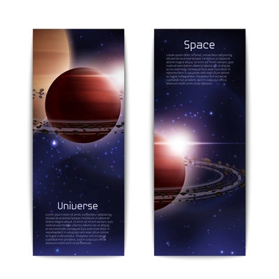 Space and universe banners vertical set with realistic planet with orbit isolated vector illustration