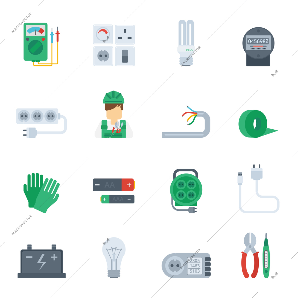 Electricity icon flat set with electrician tools plug pliers isolated vector illustration