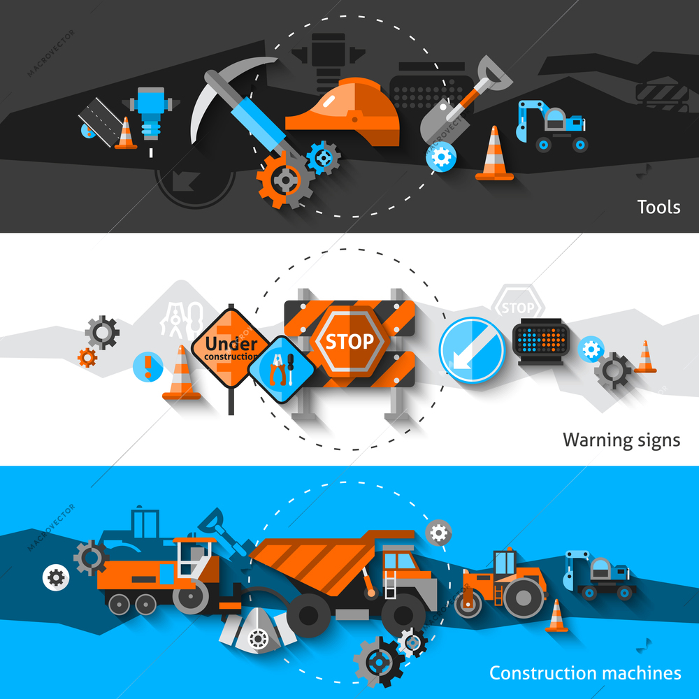 Road repair horizontal banners set with construction machines warning signs and tools elements isolated vector illustration