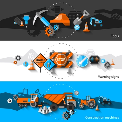 Road repair horizontal banners set with construction machines warning signs and tools elements isolated vector illustration