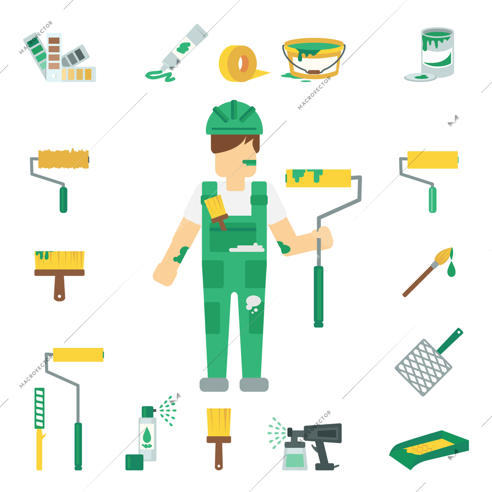 House painter flat decorative icons set with man working and home repairing tools isolated vector illustration