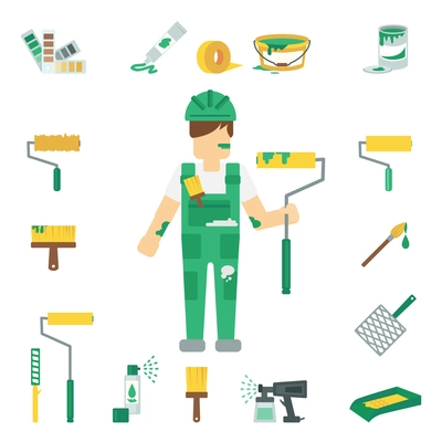 House painter flat decorative icons set with man working and home repairing tools isolated vector illustration