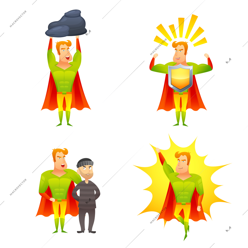 Favorite fictional children superhero cartoon character with protective shield radiating power icons set abstract isolated vector illustration