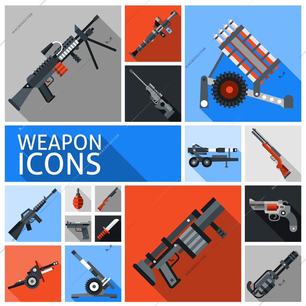Weapon decorative icons set with machine gun grenade handgun isolated vector illustration