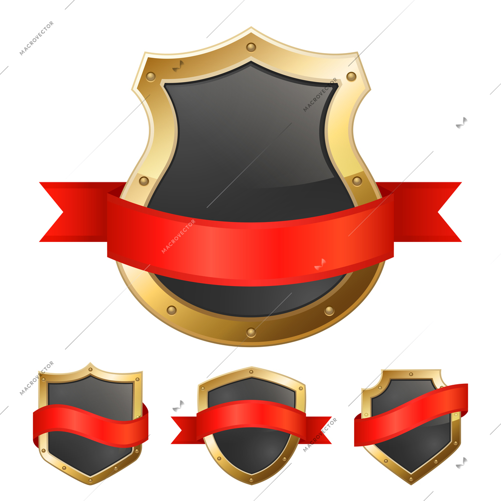 Black protection shield in golden frame with red ribbon icons composition on white background abstract vector illustration