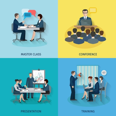 Conference design concept set with master class presentation training flat icons isolated vector illustration