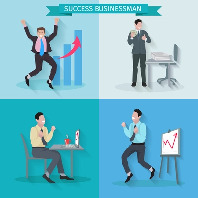 Successful businessman design concept set with man personnel teamwork victory performance flat icons isolated vector illustration