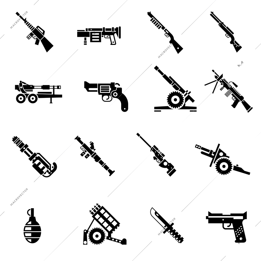 Weapon icons black set with bazooka ak47 gun rifle isolated vector illustration