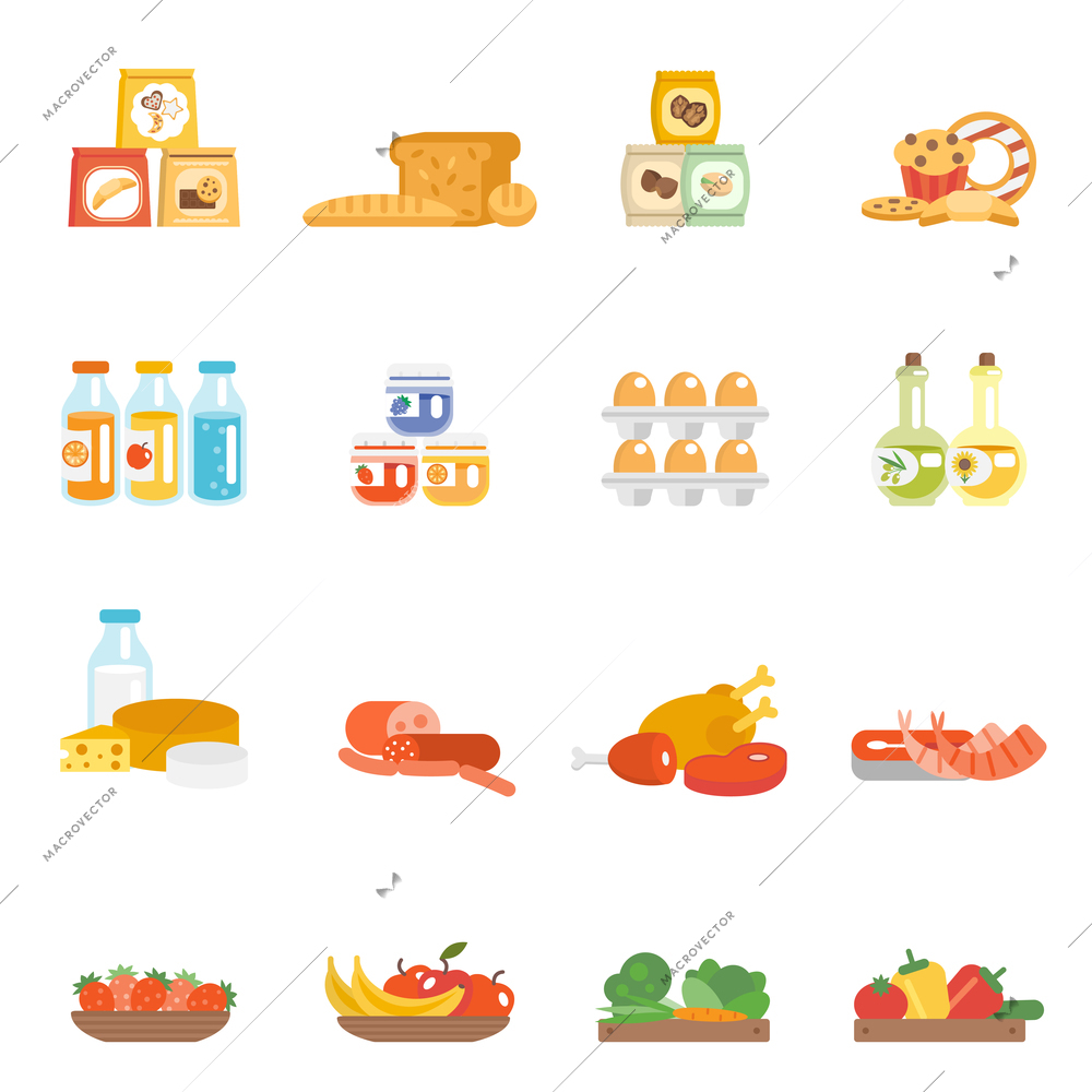 Supermarket food set with meat steak bakery eggs milk products isolated vector illustration