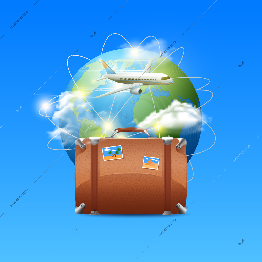 Travel poster with realistic globe tourist suitcase and airplane flying around the world vector illustration