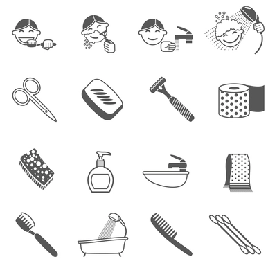 Personal hygiene icons black set with hairbrush scissors razor paper towel isolated vector illustration