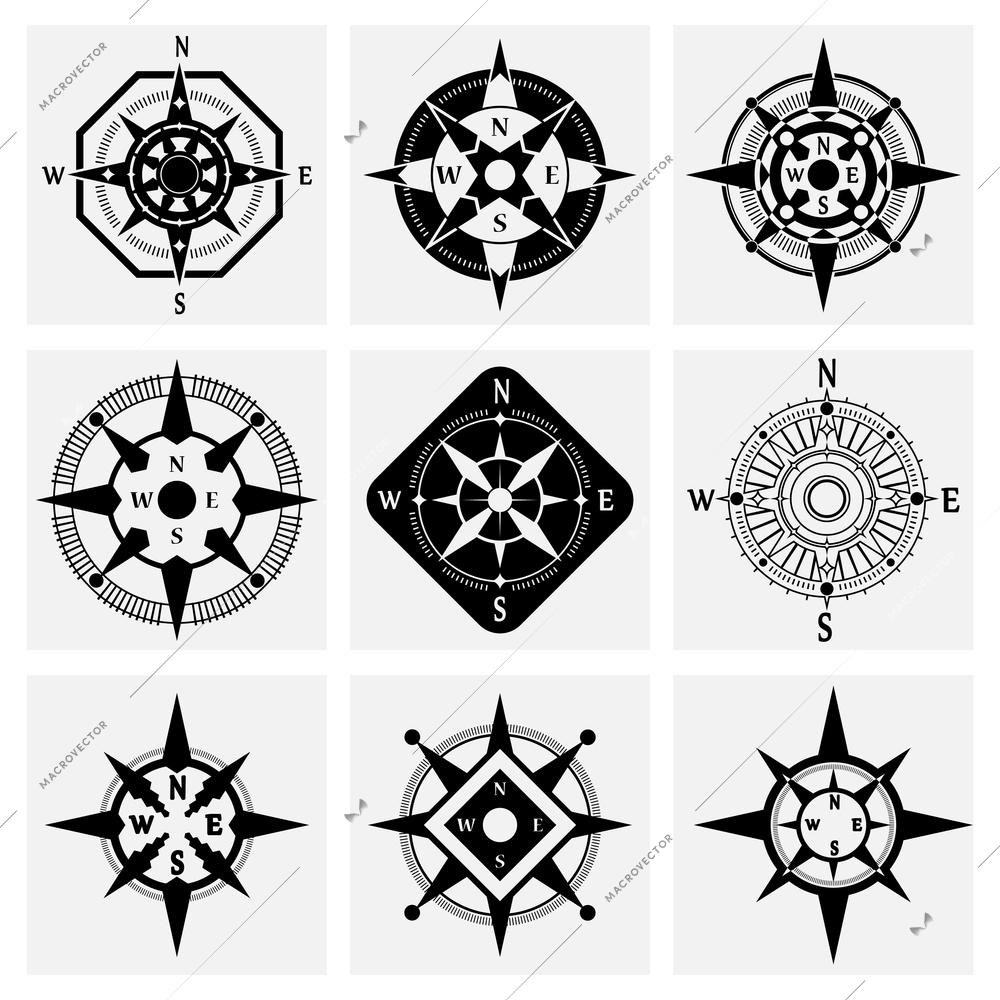 Sea navigation nautical compass wind rose black icons set isolated vector illustration