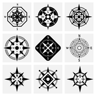 Sea navigation nautical compass wind rose black icons set isolated vector illustration