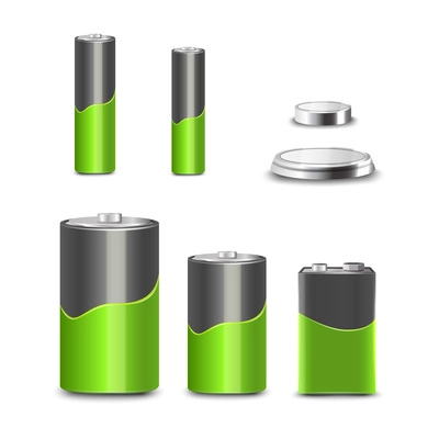 Realistic 3d battery types decorative icons set isolated vector illustration