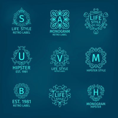 Hipster life style retro monogram classic calligraphic set isolated vector illustration