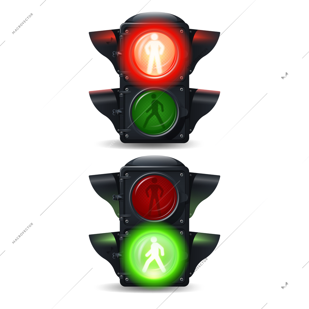 Realistic stop and go pedestrian traffic lights set isolated vector illustration