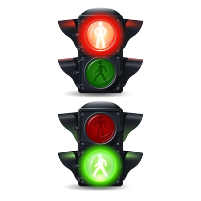 Realistic stop and go pedestrian traffic lights set isolated vector illustration