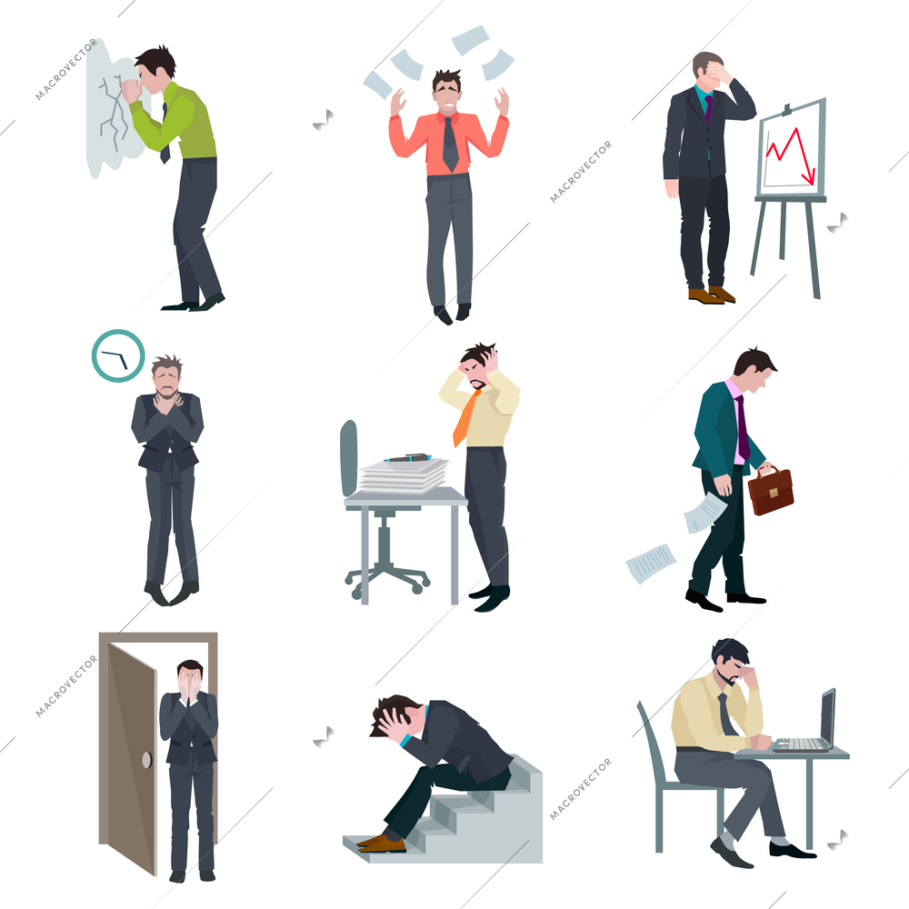 Failure business set with frustrated businessman failure project disaster bad results isolated vector illustration