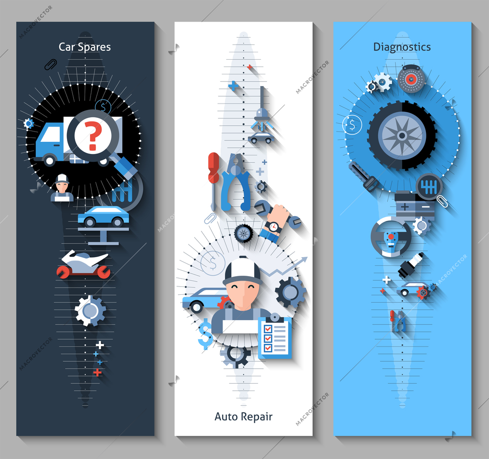 Car repair banners vertical set with spares repair and diagnostics elements isolated vector illustration