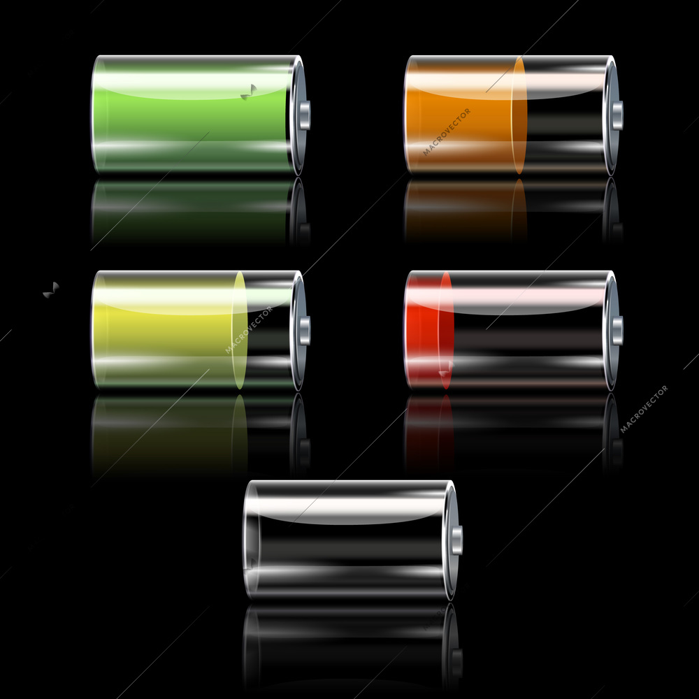 Realistic battery decorative icons set with different charge levels isolated vector illustration