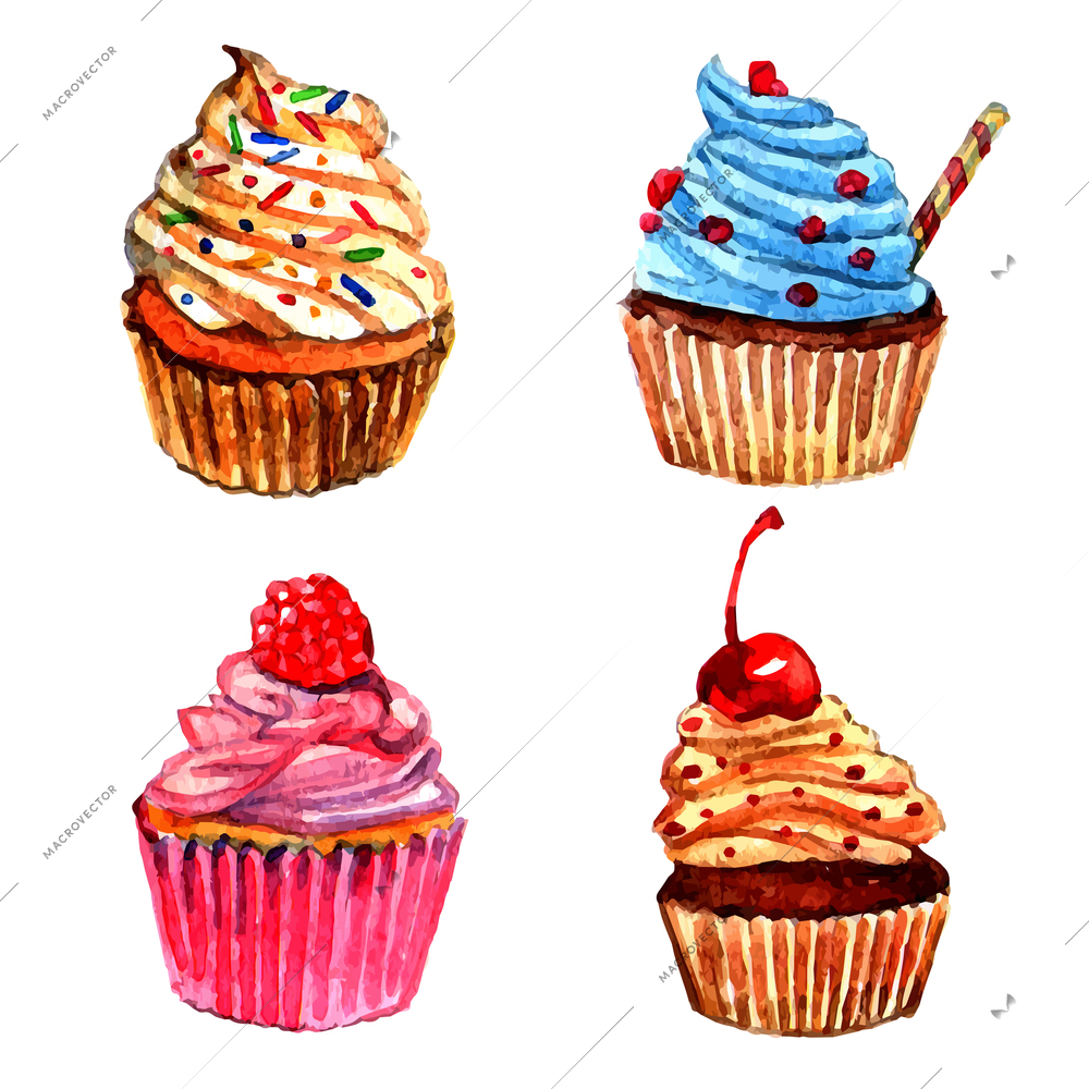 Delicious cupcakes with vanilla raspberry whipped cream sprinkled filling watercolor pictograms collection sketch abstract isolated vector illustration