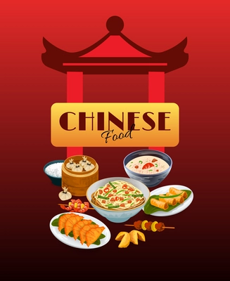 Asian food poster with chinese gates and traditional dishes vector illustration