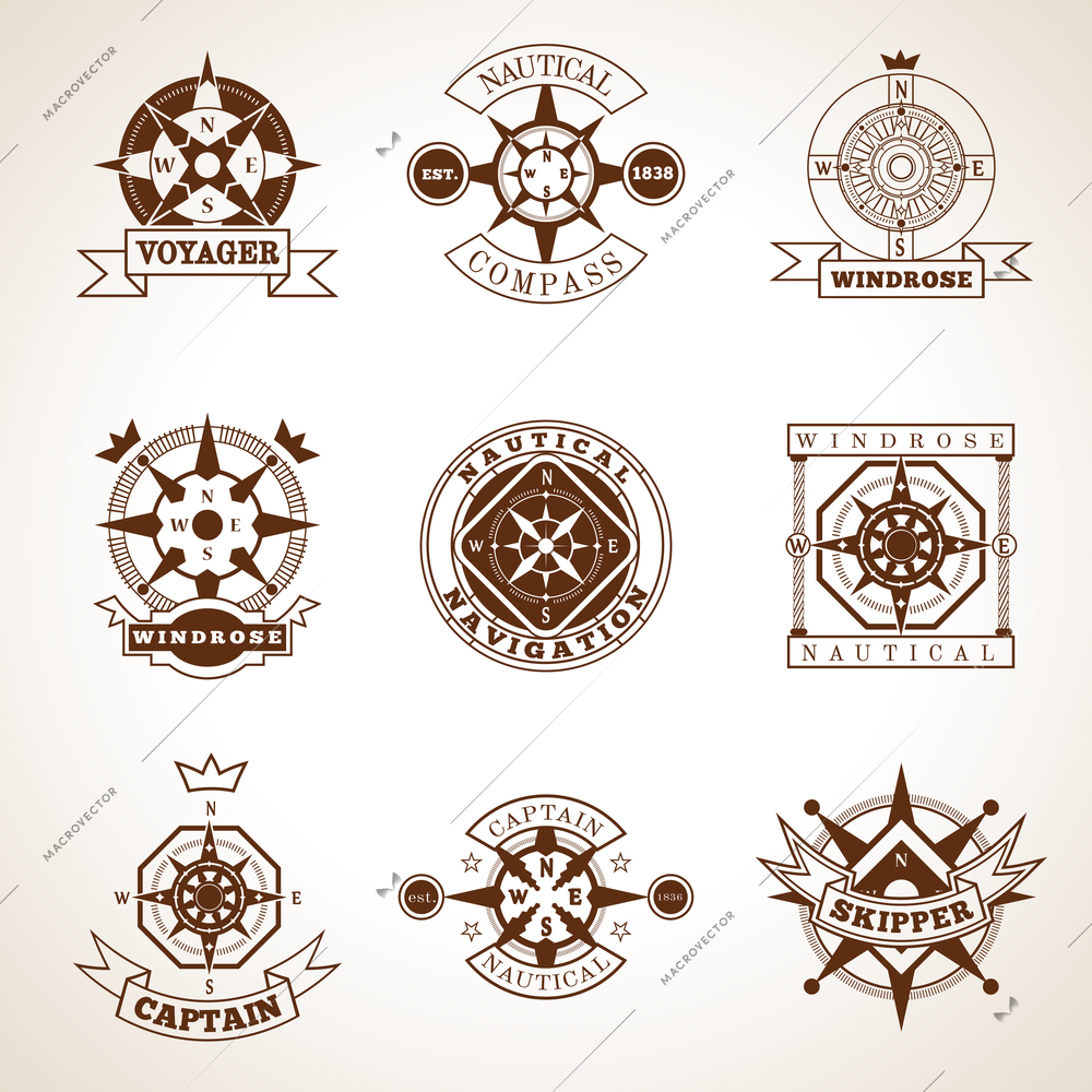 Retro style nautical skipper compass label set with isolated vector illustration