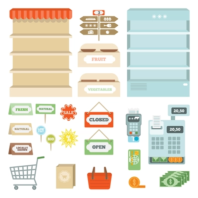 Supermarket elements set with shelves open and closed signs isolated vector illustration