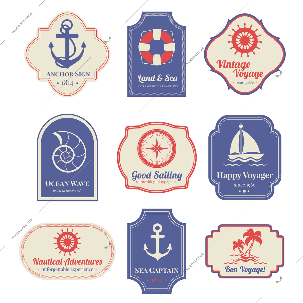 Vintage nostalgic nautical adventures voyage travel agency old marine  decorative emblems labels collection  abstract isolated vector illustration