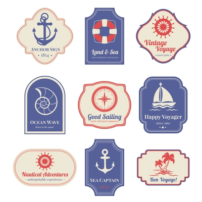 Vintage nostalgic nautical adventures voyage travel agency old marine  decorative emblems labels collection  abstract isolated vector illustration