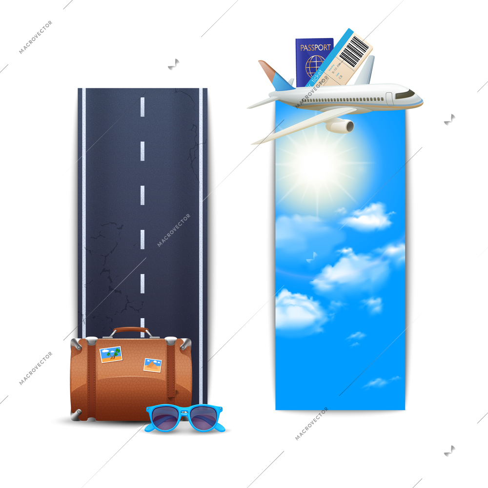 Travel banners vertical set with realistic suitcase and airplane isolated vector illustration