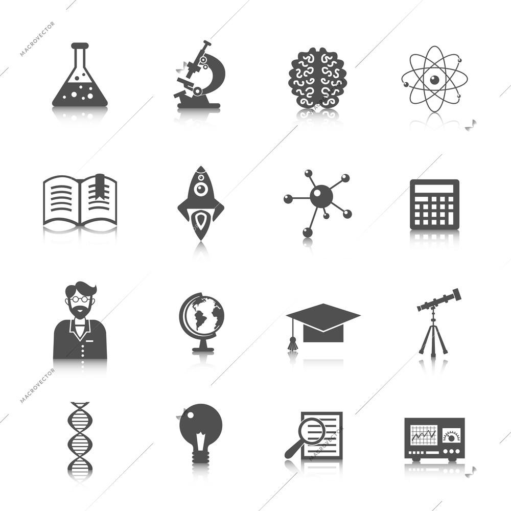 Science and research icon set with laboratory experiment equipment and education signs isolated vector illustration