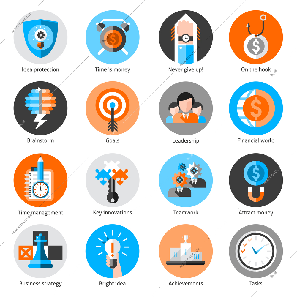 Business concept icons set with idea protection time is money brainstorm isolated vector illustration