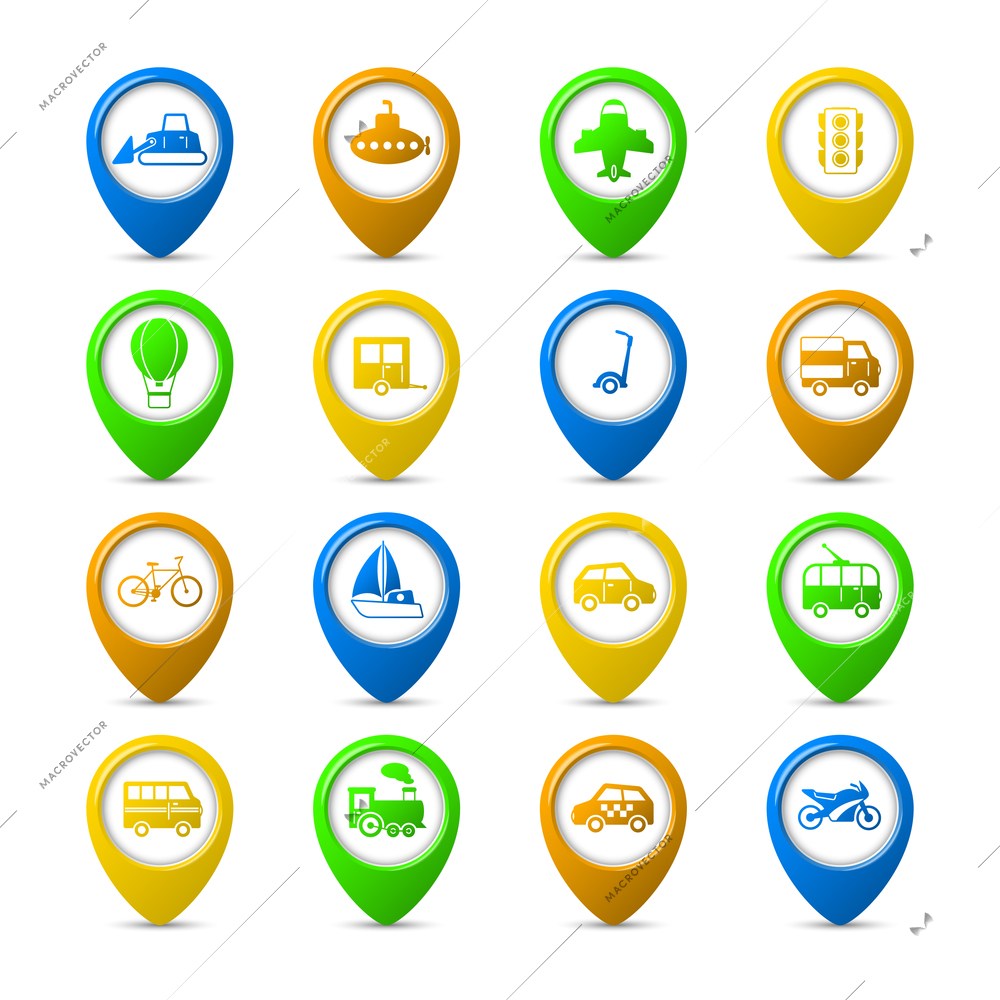 Transportation vehicles navigation pins set of passenger train tram taxi isolated vector illustration