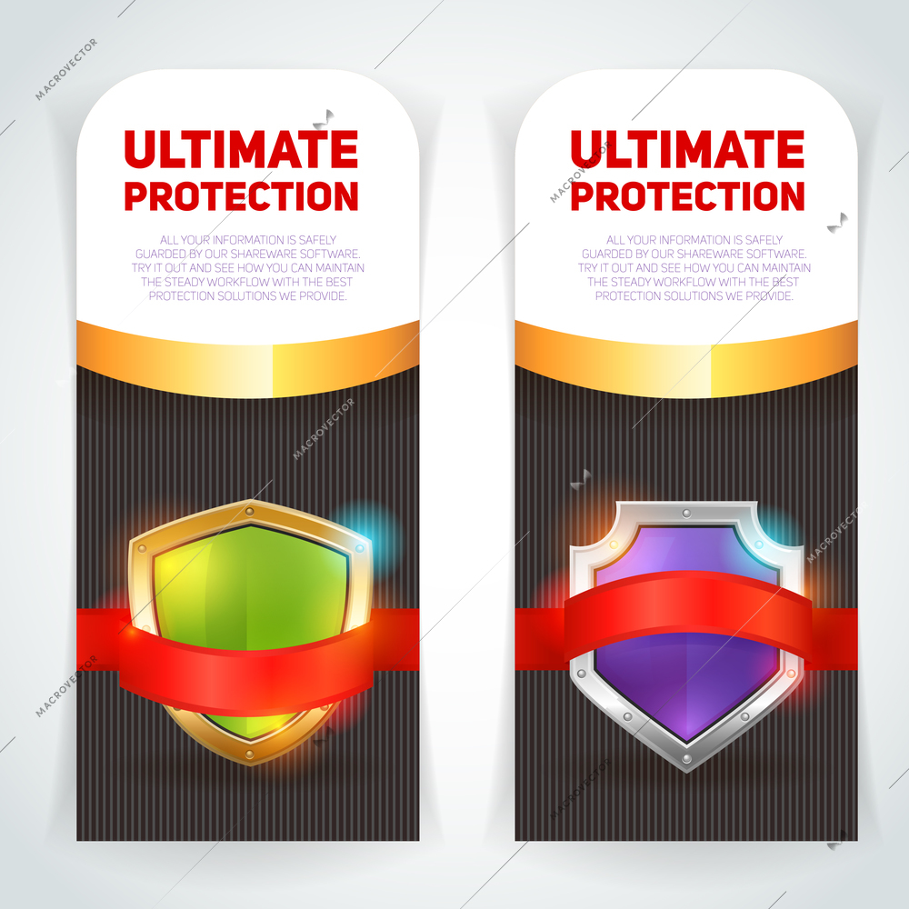 Ultimate protection escutcheon shield in golden frame emblem logo vertical banners set color abstract vector isolated illustration