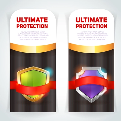 Ultimate protection escutcheon shield in golden frame emblem logo vertical banners set color abstract vector isolated illustration