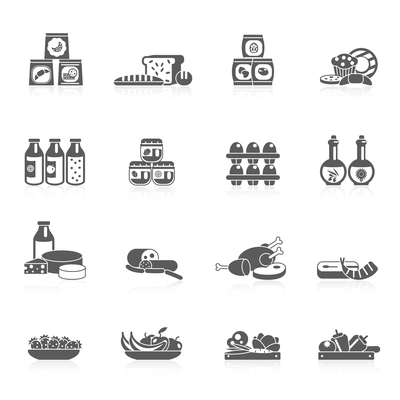 Supermarket food grocery market icons black set with sweets fish fruits isolated vector illustration