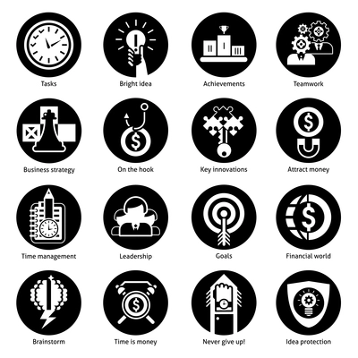 Business concept icons black set with tasks bright idea achievements teamwork isolated vector illustration