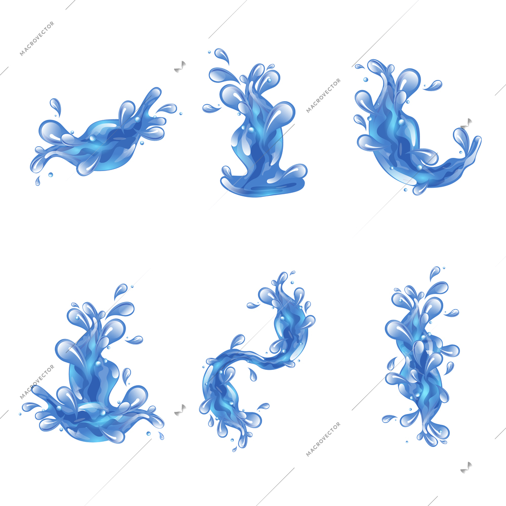 Blue sea water splash decorative icons set isolated vector illustration