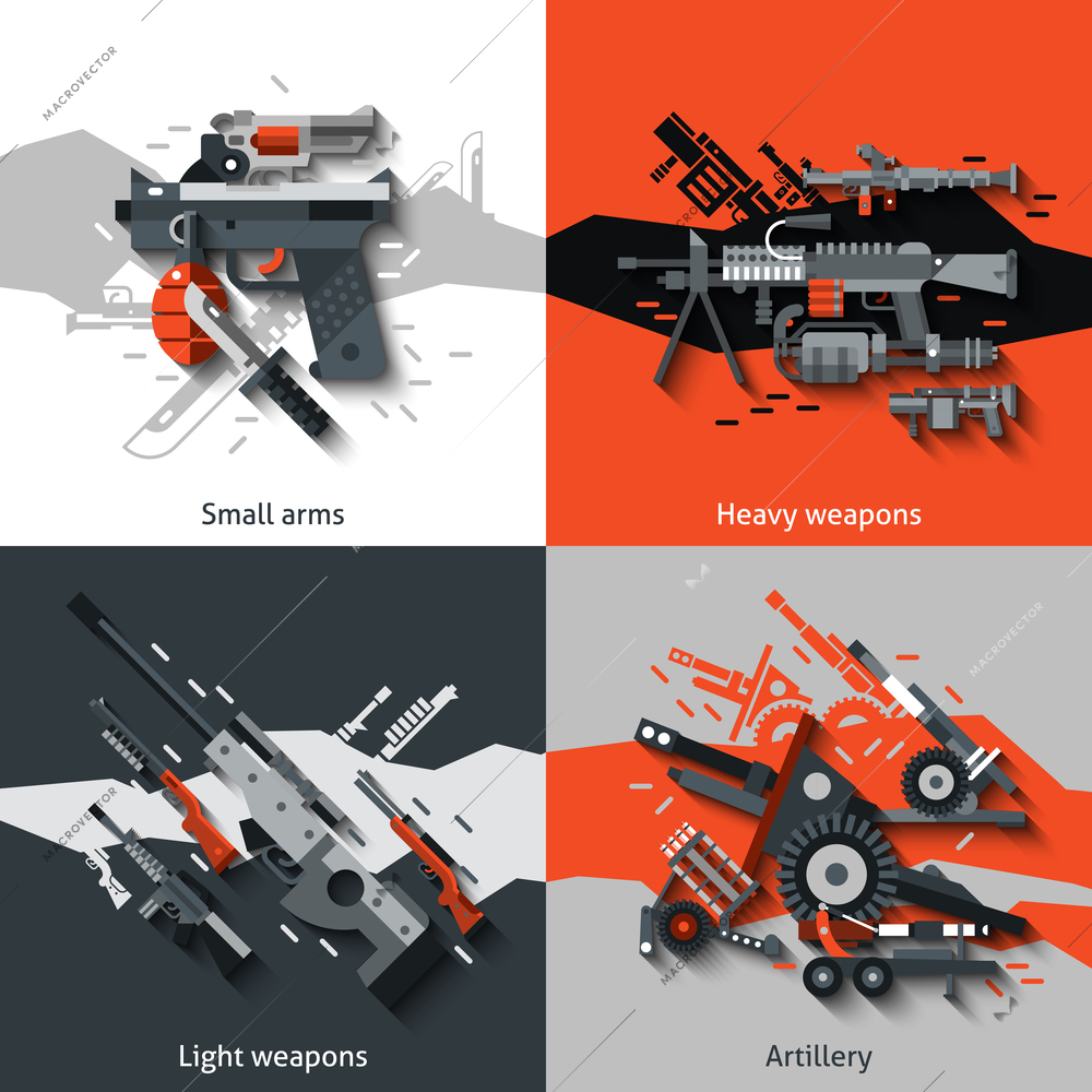 Weapon design concept set with small arms heavy light artillery flat icons isolated vector illustration