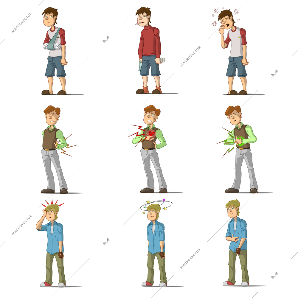 Medicine disease man flat characters set with influenza sneezing nosebleed illness isolated vector illustration.