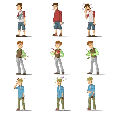 Medicine disease man flat characters set with influenza sneezing nosebleed illness isolated vector illustration.