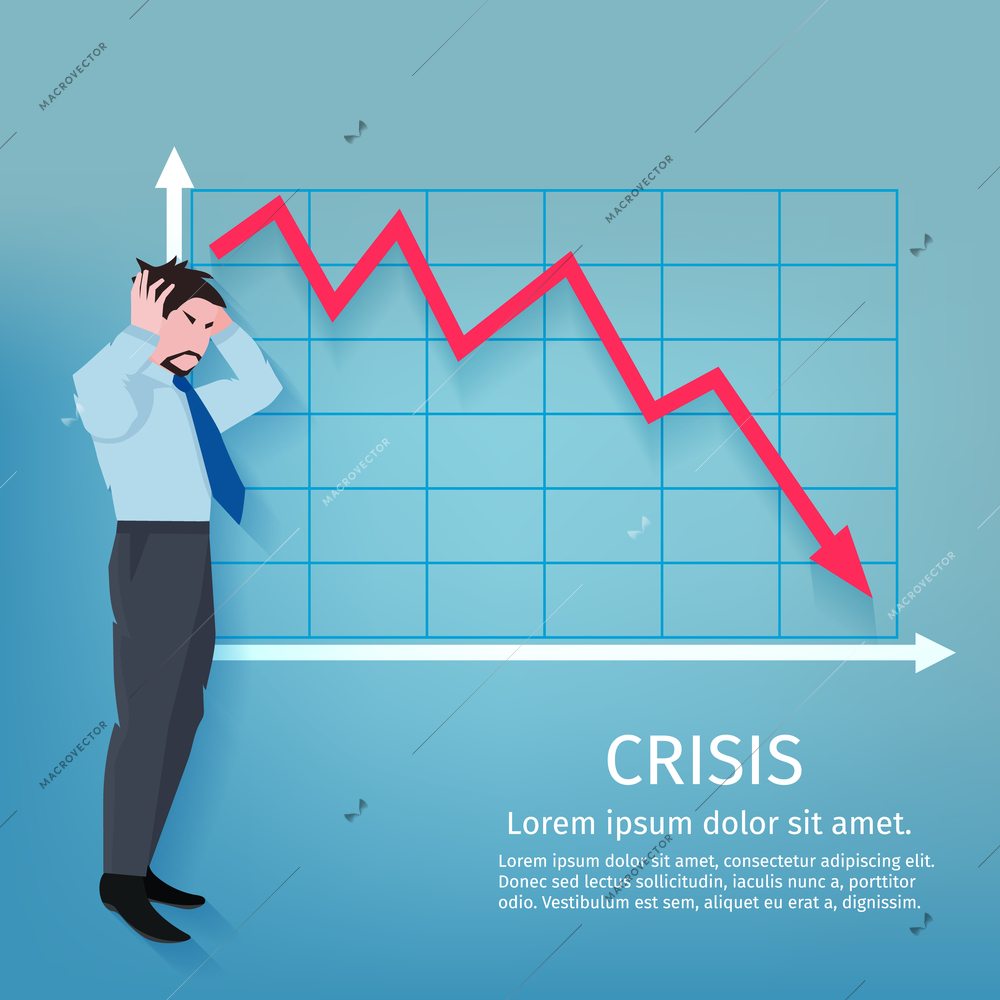 Frustrated businessman with descending finance chart crisis poster vector illustration