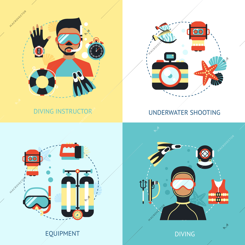 Diving design concept set with instructor euipment underwater shooting flat icons isolated vector illustration