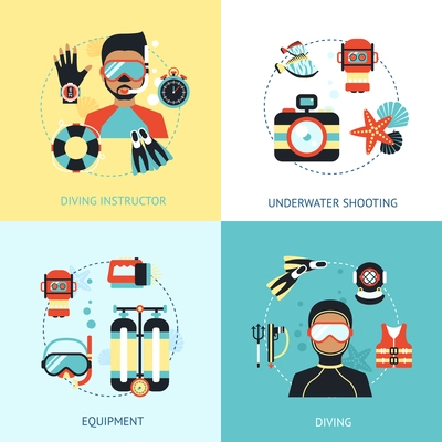 Diving design concept set with instructor euipment underwater shooting flat icons isolated vector illustration