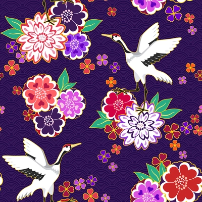 Decorative kimono floral motif background pattern with crane and flowers vector illustration